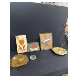 Mixed Decorative Arts and Tableware Set featuring Amber Glass Cheese Dish and Framed Paintings