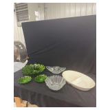 Glass and Ceramic Tableware Assortment Including Green Glass Bowls, Candle Holders, and Divided Dish