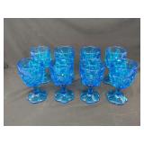 Set of Eight Blue Glass Goblets with Molded Star and Medallion Motifs
