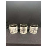 Three White Glass Kitchen Canisters with Black Winter Landscape Scene and Plastic Lids