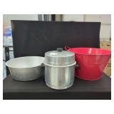 West Bend Aluminum Bottle Sterilizer, Aluminum Basin, and Red Painted Metal Tub