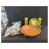 Home Decor Set Featuring Wood Footed Bowl, Yellow Wire Candle Holders, Lantern, and Decorative Stones