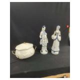 Ceramic Figurines and Covered Dish Set