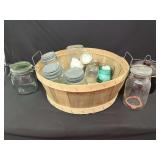 Assorted Glass Jars, Stoneware Crock, and Wood Basket