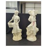 Pair of White Glazed Ceramic Mexican Planter Statues Depicting Harvest Figures