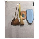 Shaker Style Brooms, Mop, Wooden Plaque, and Padded Ironing Board Cover