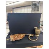 Ceramic Leaf Tray, Brass Post Horn, and Metal Pitcher