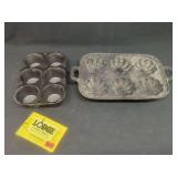 Two Cast Iron Baking Pans Including Lodge Muffin Pan and Decorative Mold Tray