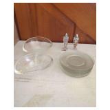 Clear Glass Tableware Set Including Bowls, Saucers, and Salt and Pepper Shakers