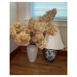 Ceramic Table Lamp with Floral Motif and Grey Glazed Ceramic Vase