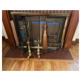 Brass Fireplace Companion Set with Andirons and Screen