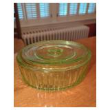 Green Uranium Glass Ribbed Oval Casserole Dish with Lid