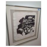 Framed Black and White Relief Print, Chilham with Geese, Signed