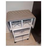 White Painted Wood Rolling Storage Cart with Black and White Striped Baskets and Drop Leaves