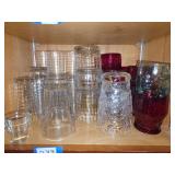 Assorted Drinking Glasses Set Including Ruby and Clear Pressed Glass