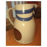 Stoneware Pitcher with Blue and Brown Painted Decor