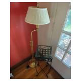Brass Tone Floor Lamp and Black Metal Accent Table with Glass Top