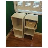 Two White Laminate Storage Shelves with Storage Basket