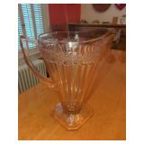 Pink Glass Pitcher with Floral Etched Band and Fluted Body