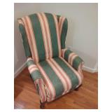 Upholstered Wingback Recliner Chair with Green and Pink Striped Floral Fabric