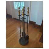Fireplace Tool Set with Stand, Brass Finials and Black Iron Finish