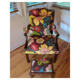 Floral Upholstered Armchair with Matching Footstool and Accent Pillow