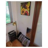 Sunflower Canvas Wall Art, Ativa MD 1000 Shredder, Brass Shell Lamp, and Office Storage Grouping
