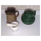 Kitchenware Assortment Including Christian Ridge Pottery Carafe, Signed Studio Pottery Pitcher, and Marble Mortar and Pestle