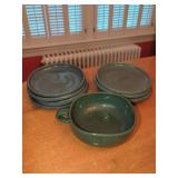 Bybee Studio Pottery Green Glazed Bowl and Matching Saucers