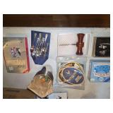 Barware, Silver-Plated Flatware, Pewter Hearts, and Collectibles Grouping