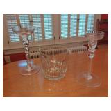 Clear Glass Tableware Grouping Featuring Candlesticks and Ice Bucket