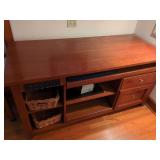 Wooden Computer Desk with Integrated Power Center and Wicker Storage Baskets
