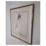 Framed Watercolor Painting of Seated Female Nude with Blue Hair Ribbon
