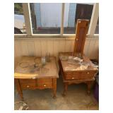Two Wooden End Tables, Glassware, Wood Stand, and Box of Newspaper-Wrapped Items