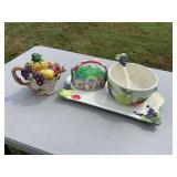Ceramic Fruit and Easter-Themed Tableware Set Including Teapot, Serving Tray, Bowl with Spoon, and Novelty Basket