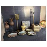 Home Decor Assortment Including Thomas Kinkade Plates, Lion Base Lamp, and Sculptural Accents