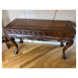 Carved Wood Console Table with Leather Inset Top and Ball and Claw Feet