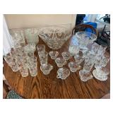 Clear Pressed Glass Punch Bowl Set with Associated Tumblers and Small Bowls