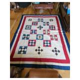 Handmade Cotton Patchwork Quilt with Red and Blue Borders