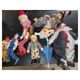 Assorted Clown Figurines and Dolls with Ceramic and Fabric Construction