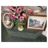 Two Framed Prints and Floral Arrangement