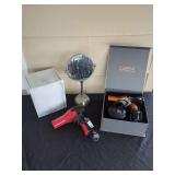 Hair Styling Equipment and Vanity Accessories Including Hair Dryers, Tabletop Mirror, and Storage Container