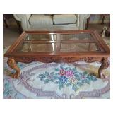 Carved Wood Coffee Table with Glass Inserts
