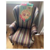 Striped Upholstered Wingback Chair with Cabriole Legs