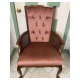 Tufted Wingback Armchair with Caned Sides and Cabriole Legs