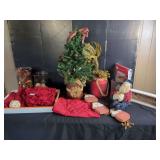 Holiday Decor Set Including Tabletop Tree Sign Ornaments and Textiles