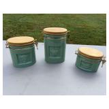 Three-Piece Pacific Products Ltd. Green Ceramic Canister Set with Relief Fruit Motifs