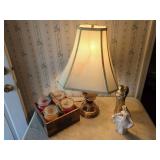 Brass Table Lamp with Pleated Fabric Shade and Home Decor Lot