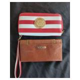 Two Michael Kors Wallets Including Red and White Striped Wristlet and Brown Leather Flap Wallet