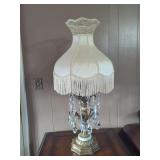 Ornate Table Lamp with Crystal Prisms and Fabric Shade